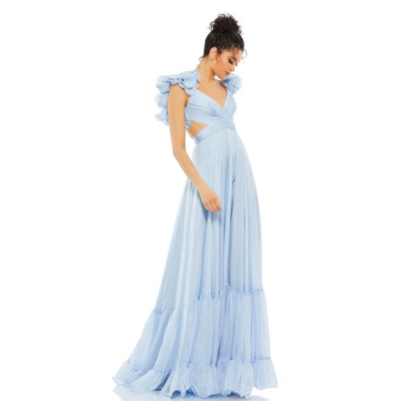 Mac Duggal 2 powder blue Ruffle Tiered Cut-out Chiffon Gown dress prom wedding - Picture 1 of 9